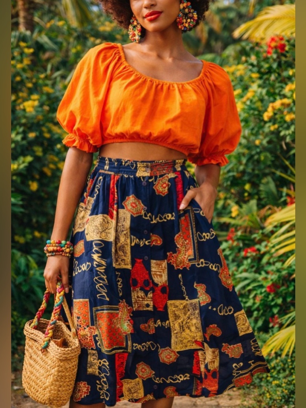 Italian 100% Silk Printed Midi Skirt, Size XL